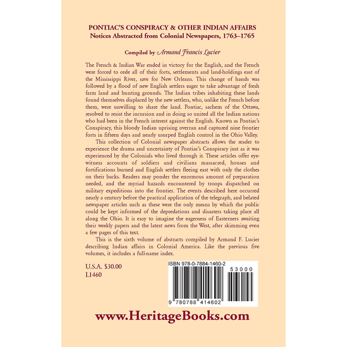 Pontiac's Conspiracy and Other Indian Affairs: Notices Abstracted from Colonial Newspapers, 1763-1765 back cover