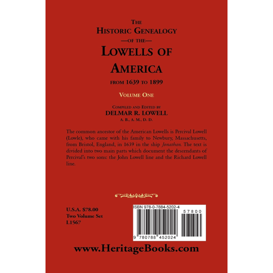 back cover of Historic Genealogy of the Lowells of America from 1639 to 1899, Volume 1