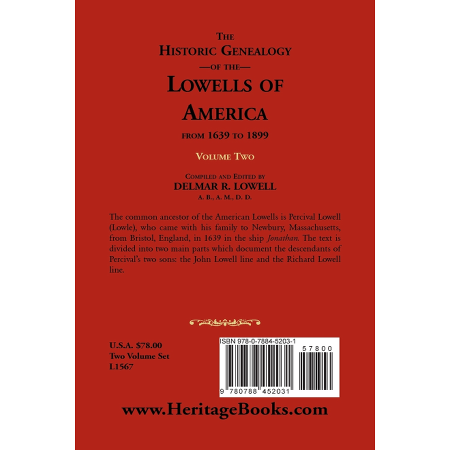 back cover of Historic Genealogy of the Lowells of America from 1639 to 1899, Volume 2