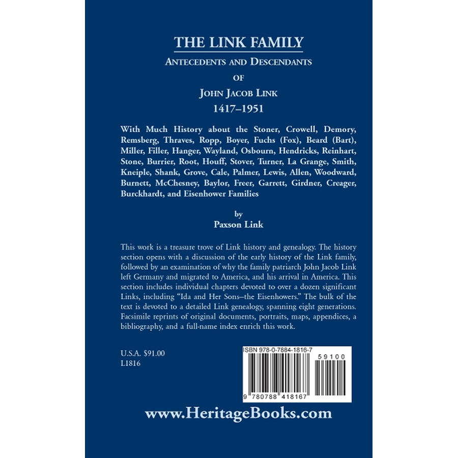 The Link Family, Antecedents and Descendants of John Jacob Link, 1417-1951 back cover