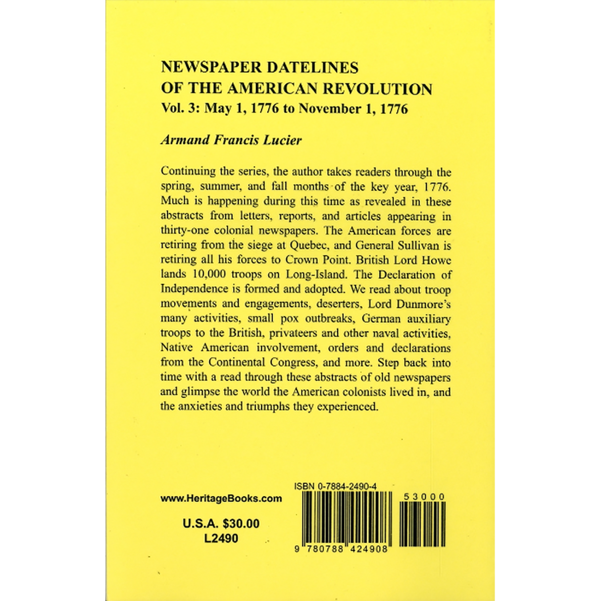 Newspaper Datelines of the American Revolution, Volume 3: May 1, 1776 to November 1, 1776 back cover