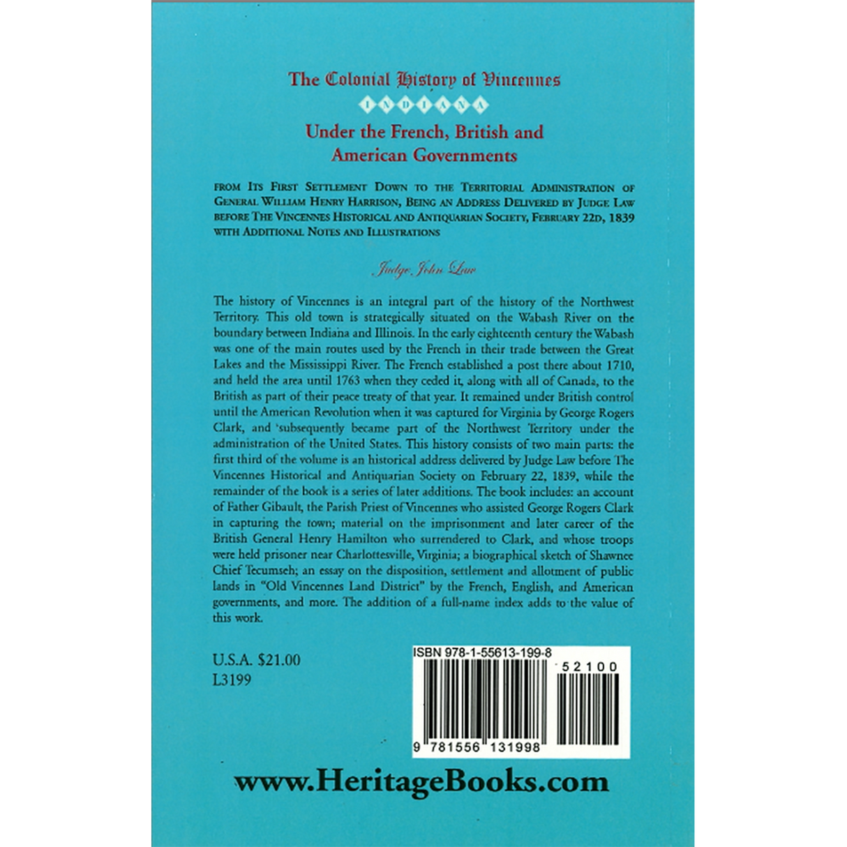 The Colonial History of Vincennes (Indiana) Under the French, British and American Governments back cover