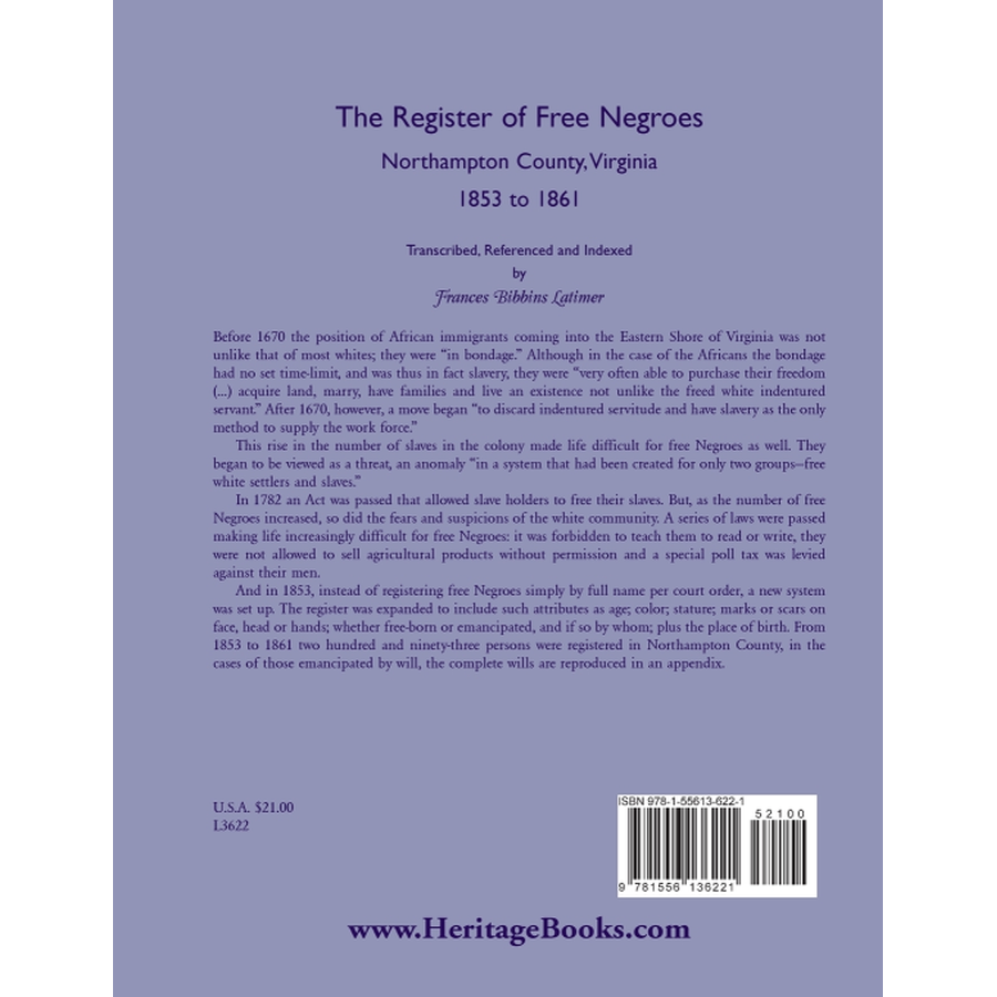 The Register of Free Negroes, Northampton County, Virginia, 1853-1861 back cover