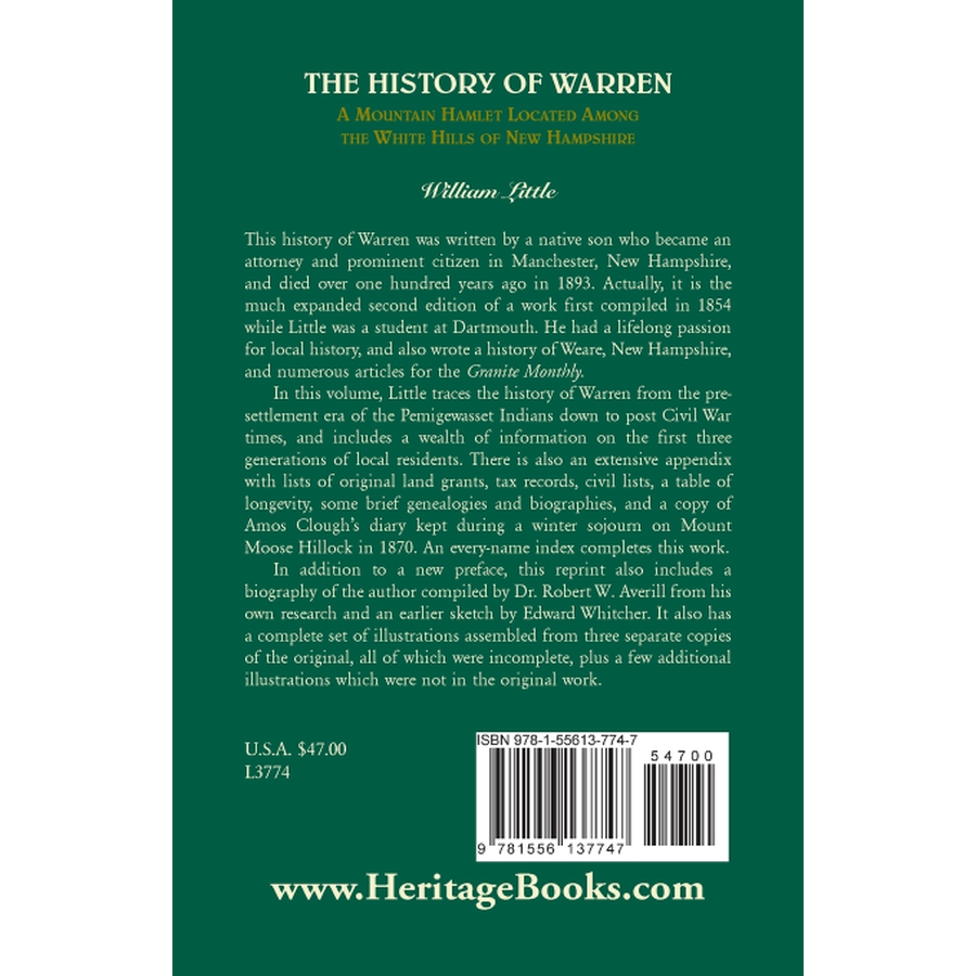 back cover of The History of Warren, a Mountain Hamlet Located among the White Hills of New Hampshire