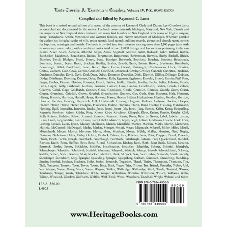 back cover of Lantz-Crossley an Experience in Genealogy: Volume IV, P-Z, 2nd Edition
