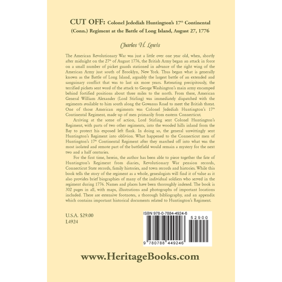 back cover of Cut Off: Colonel Jedediah Huntington's 17th Continental (Connecticut) Regiment at the Battle of Long Island, August 27,1776