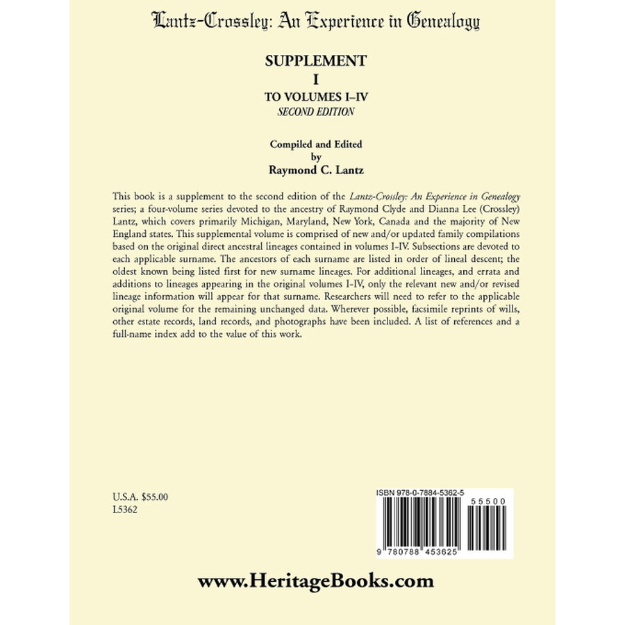 back cover of Lantz-Crossley an Experience in Genealogy: Supplement I to Volumes I-IV Second Edition