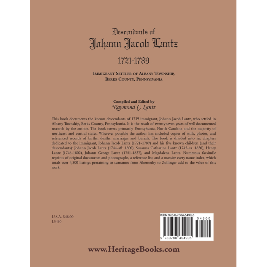 back cover of Descendants of Johann Jacob Lantz, 1721-1789: Immigrant Settler of Albany Township, Berks County, Pennsylvania