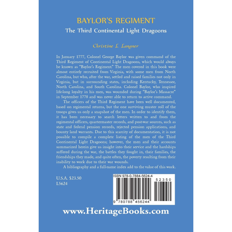 back cover of Baylor's Regiment: The Third Continental Light Dragoons