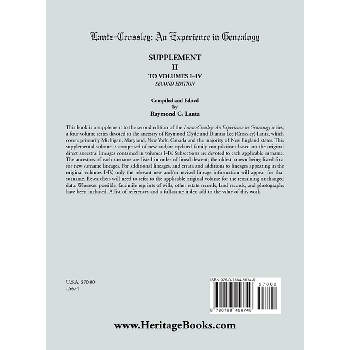 Lantz-Crossley an Experience in Genealogy: Supplement II to Volumes I-IV Second Edition back cover