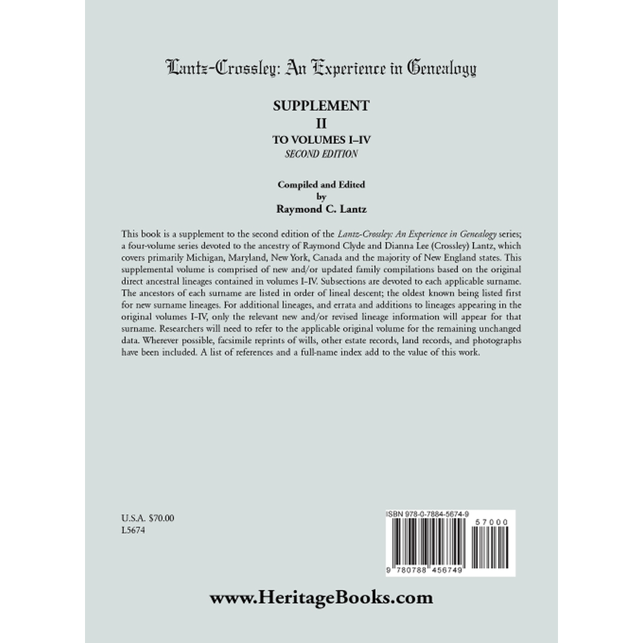 back cover of Lantz-Crossley an Experience in Genealogy: Supplement II to Volumes I-IV Second Edition