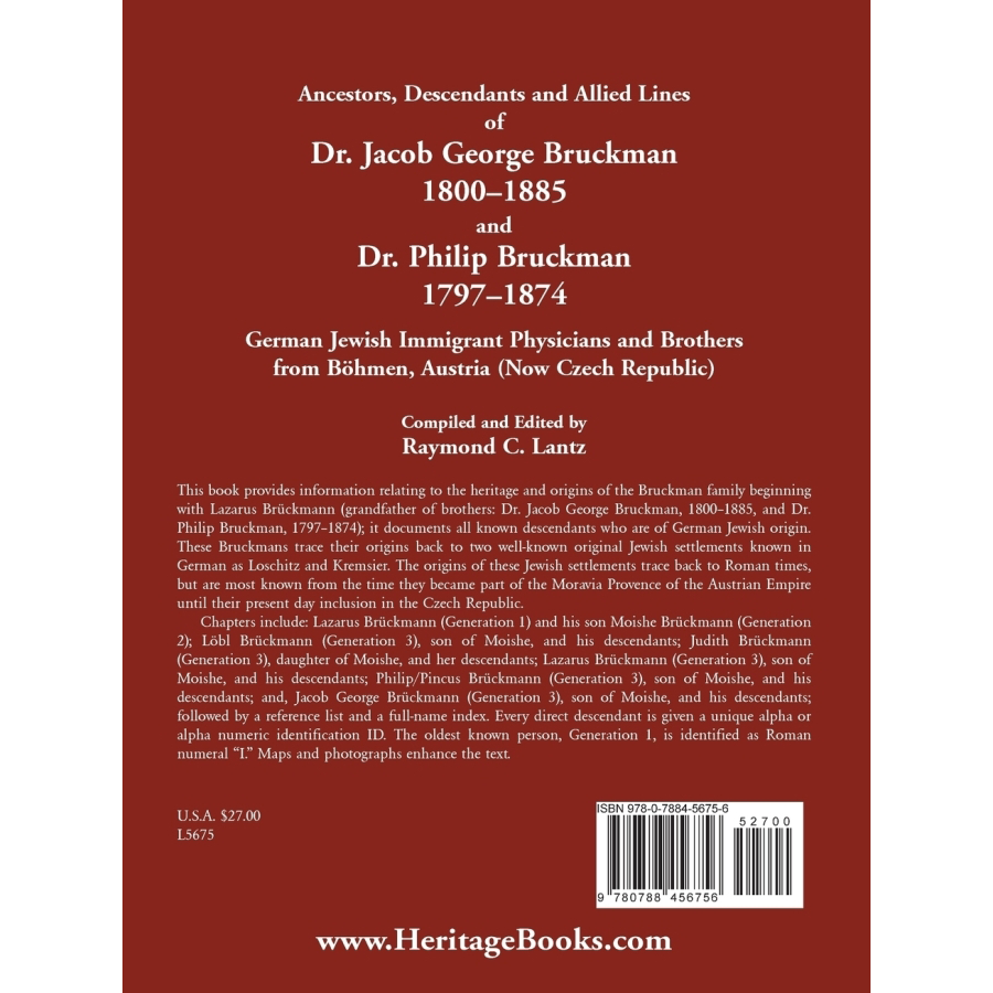 back cover of Ancestors, Descendants and Allied Lines of Dr. Jacob George Bruckman 1800-1885 and Dr. Philip Bruckman 1797-1874