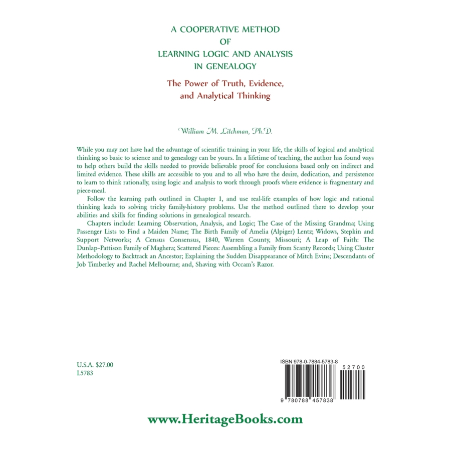back cover of A Cooperative Method of Learning Logic and Analysis in Genealogy: The Power of Truth, Evidence, and Analytical Thinking