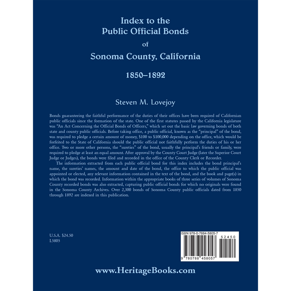 Index to the Public Official Bonds of Sonoma County, California, 1850-1892 back cover