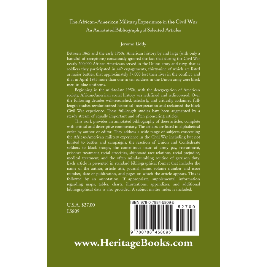 The African-American Military Experience in the Civil War: An Annotated Bibliography of Selected Articles back cover