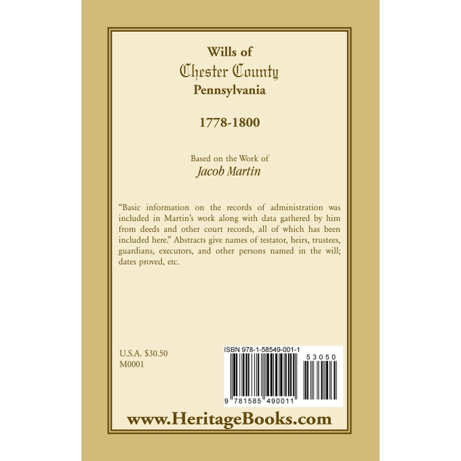 back cover of The Wills of Chester County, Pennsylvania, 1778-1800