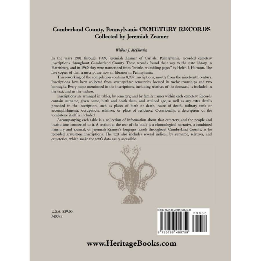Cumberland County, Pennsylvania Cemetery Records Collected By Jeremiah Zeamer back cover