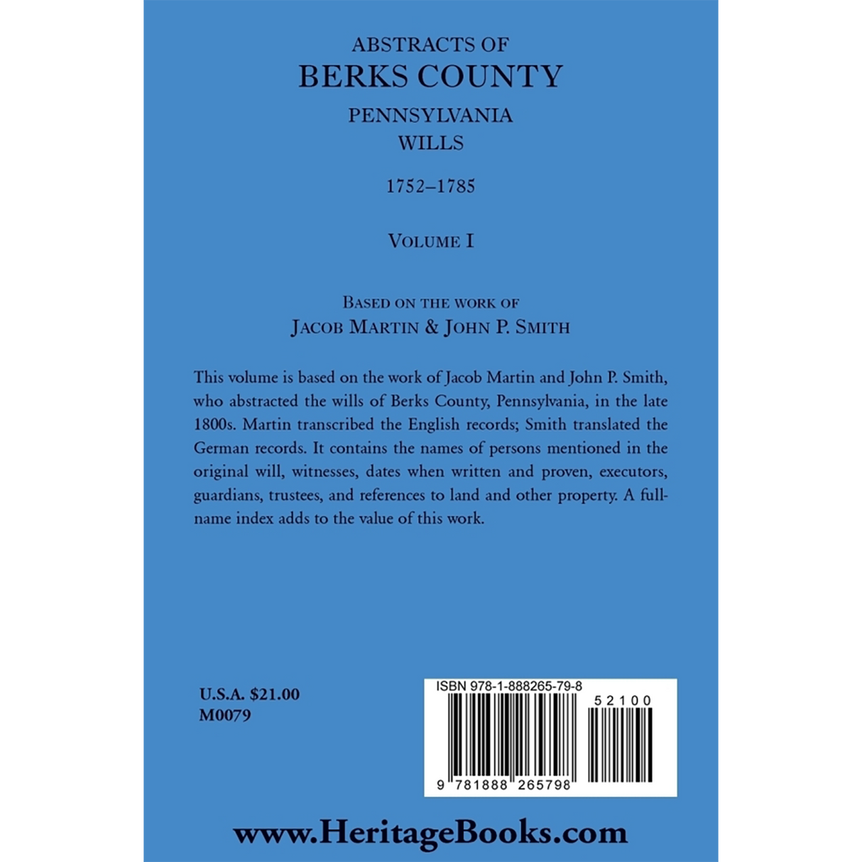 Abstracts of Berks County, Pennsylvania Wills, 1752-1785, Volume 1 back cover