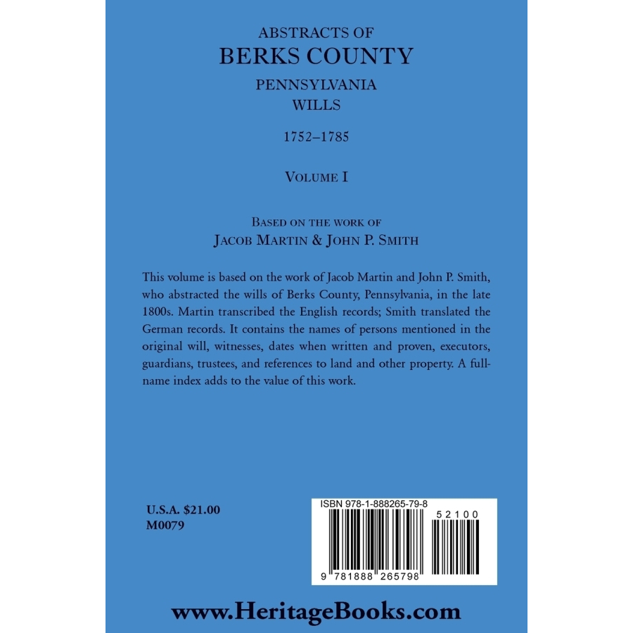 back cover of Abstracts of Berks County, Pennsylvania Wills, 1752-1785, Volume 1