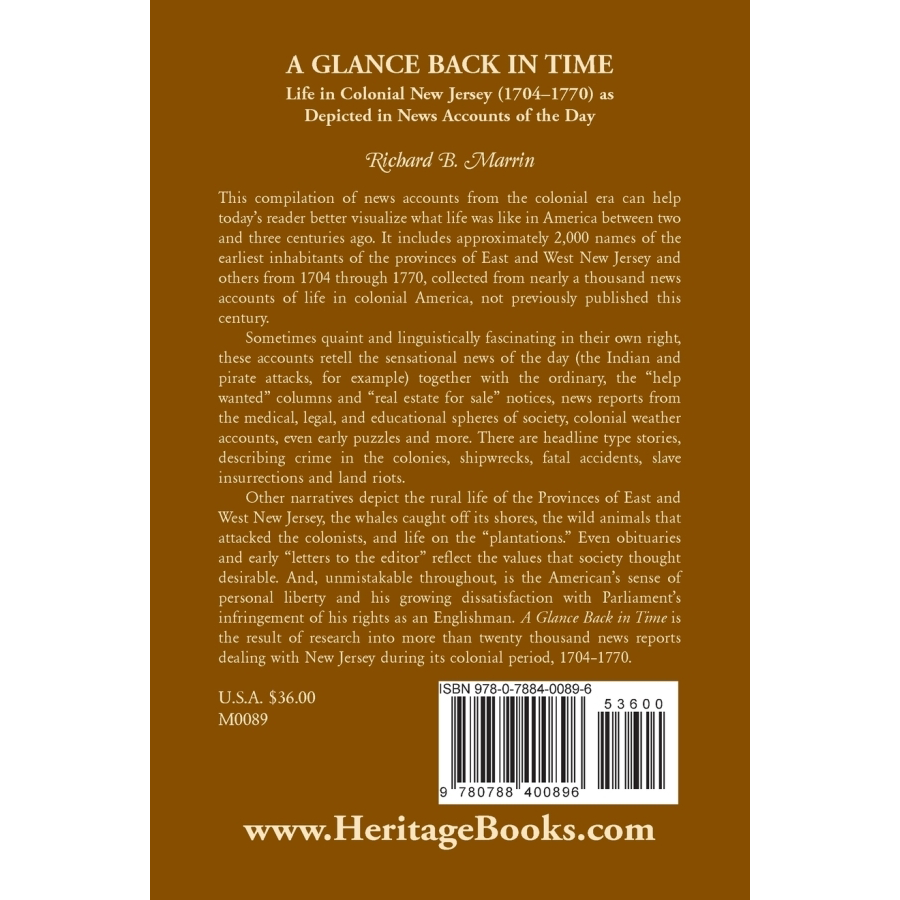 back cover of A Glance Back in Time: Life in Colonial New Jersey (1704-1770) as depicted in News Accounts of the Day