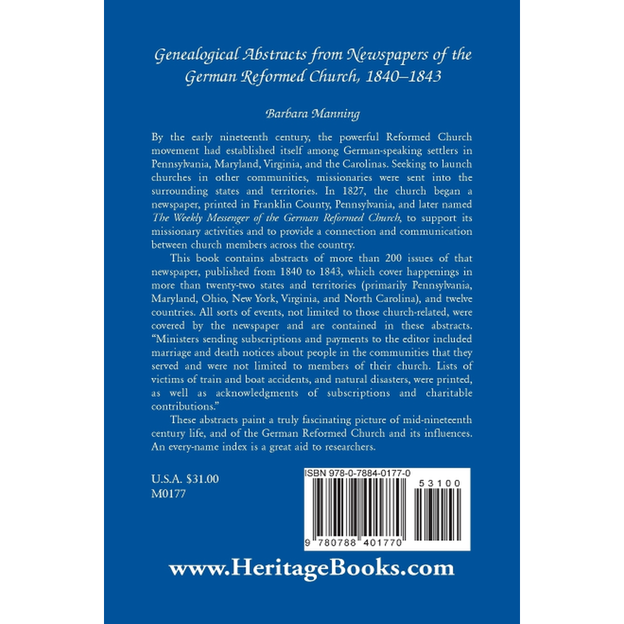 Genealogical Abstracts from Newspapers of the German Reformed Church, 1840-1843 back cover