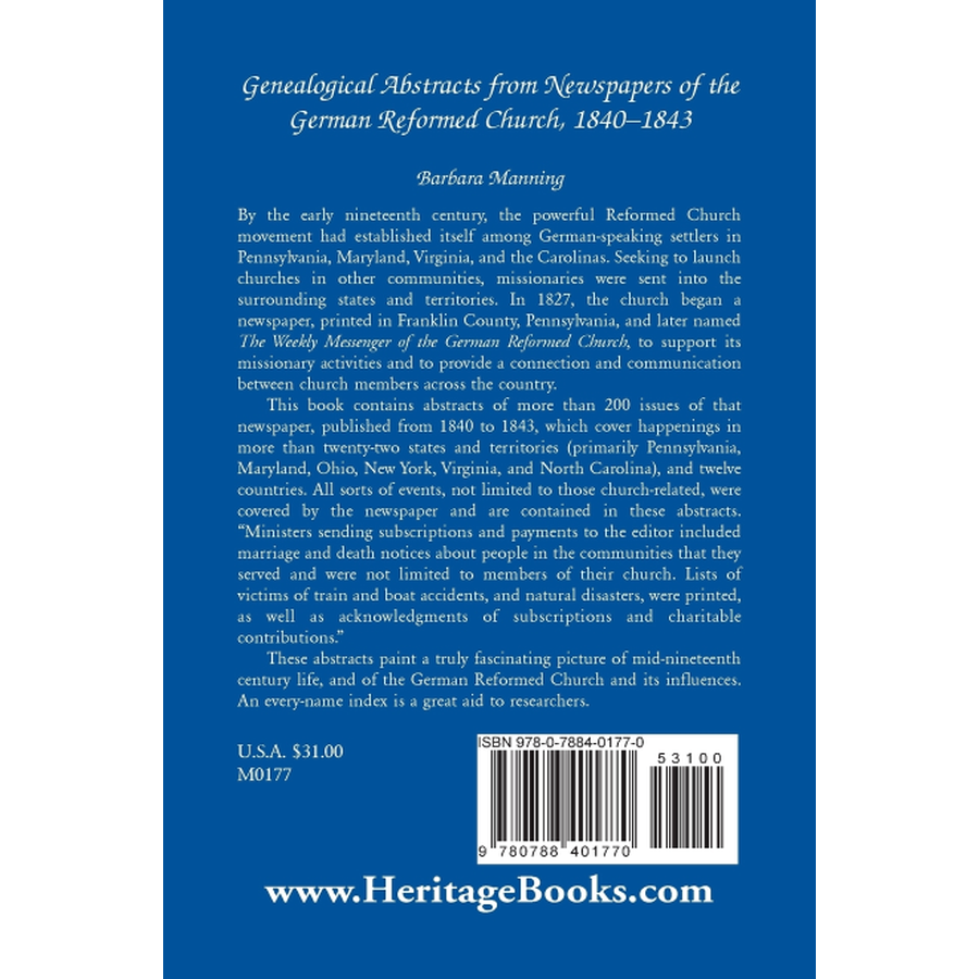 back cover of Genealogical Abstracts from Newspapers of the German Reformed Church, 1840-1843