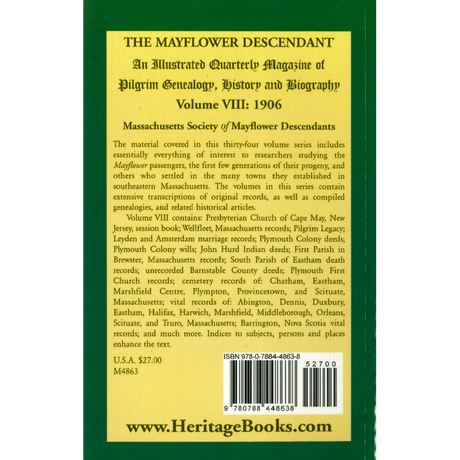 The Mayflower Descendant, Volume 8, 1906 back cover