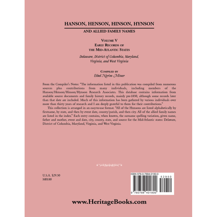 back cover of Hanson, Henson, Hinson, Hynson and Allied Family Names Volume V