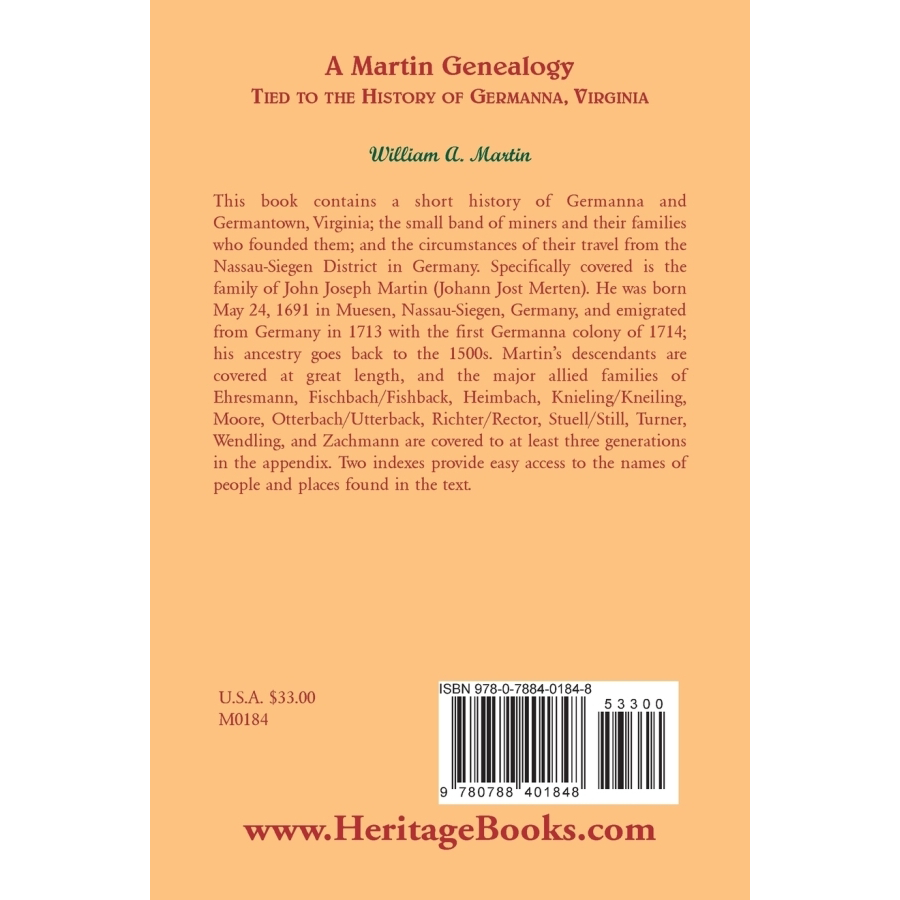 back cover of A Martin Genealogy Tied to the History of Germanna, Virginia