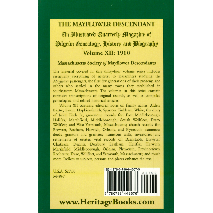 The Mayflower Descendant, Volume 12, 1910 back cover