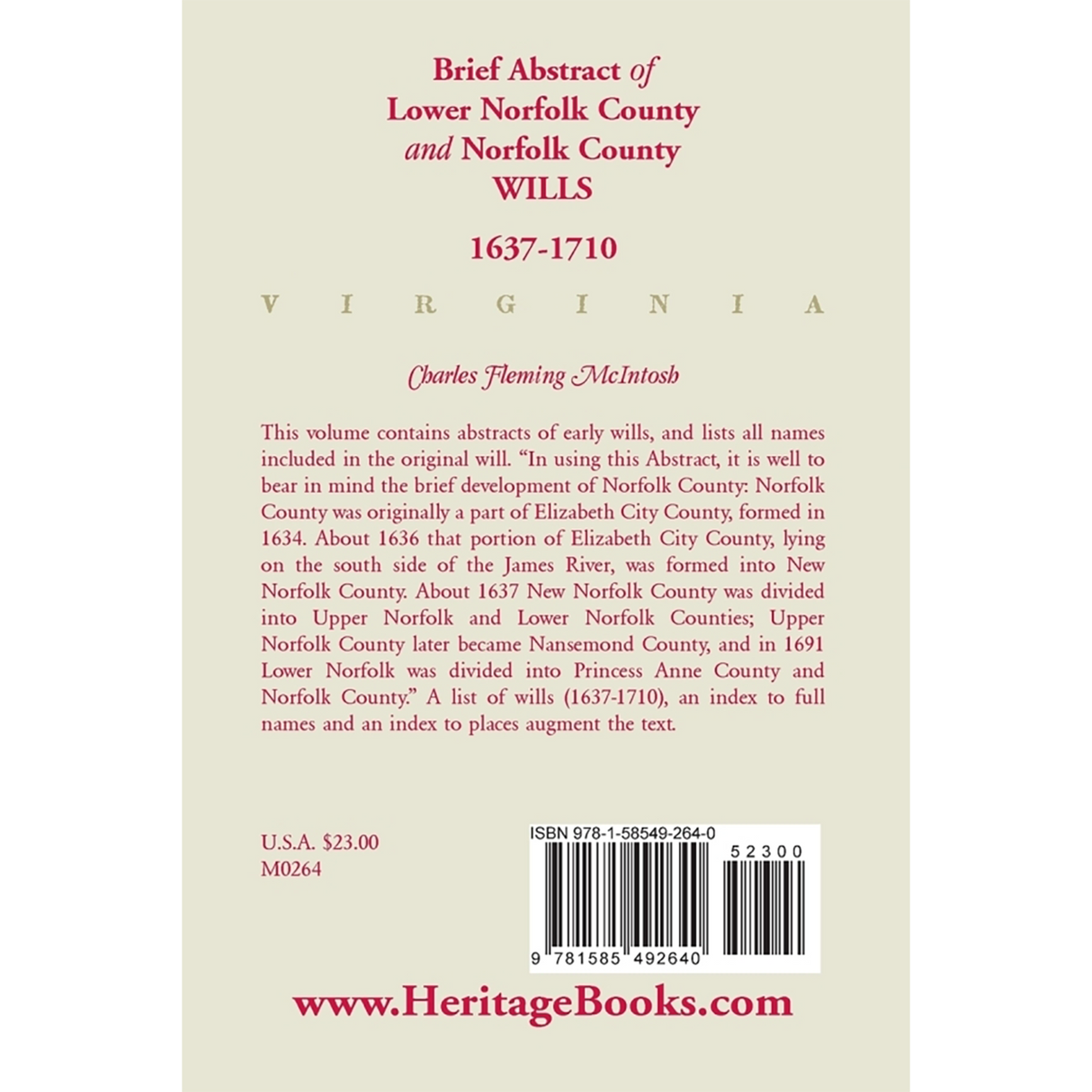 (Brief Abstract of) Lower Norfolk County and Norfolk County Wills, 1637-1710 back cover