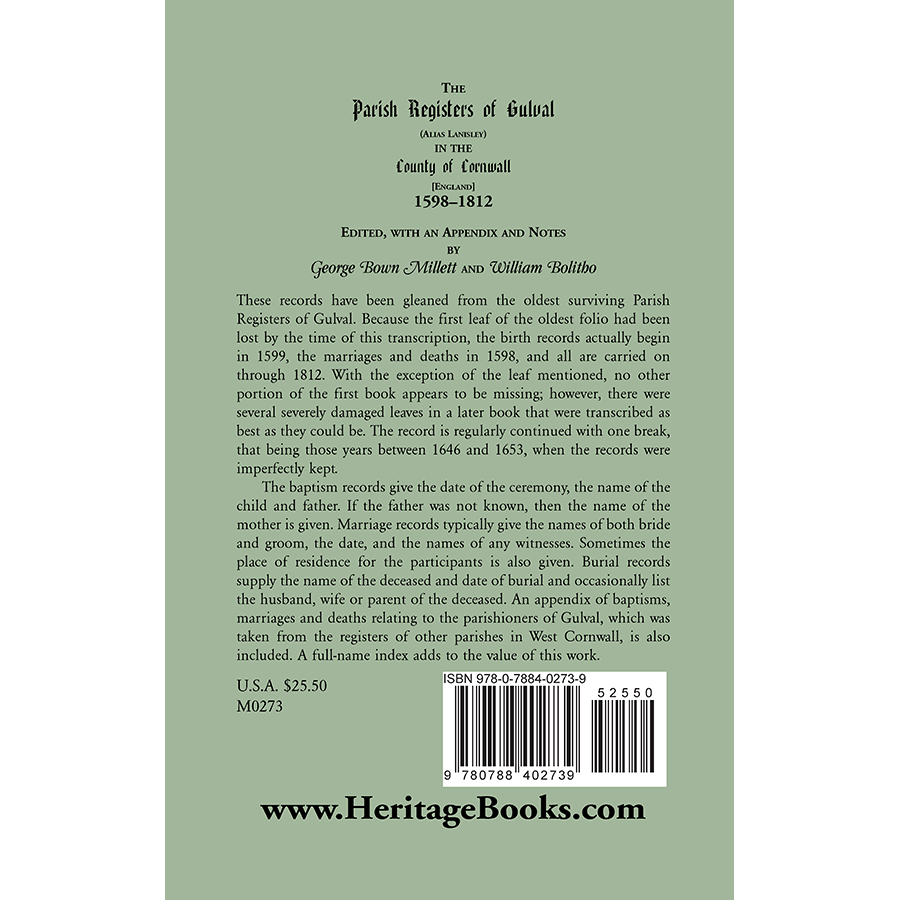 The Parish Registers of Gulval (Alias Lanisley) in the County of Cornwall [England], 1598-1812 back cover