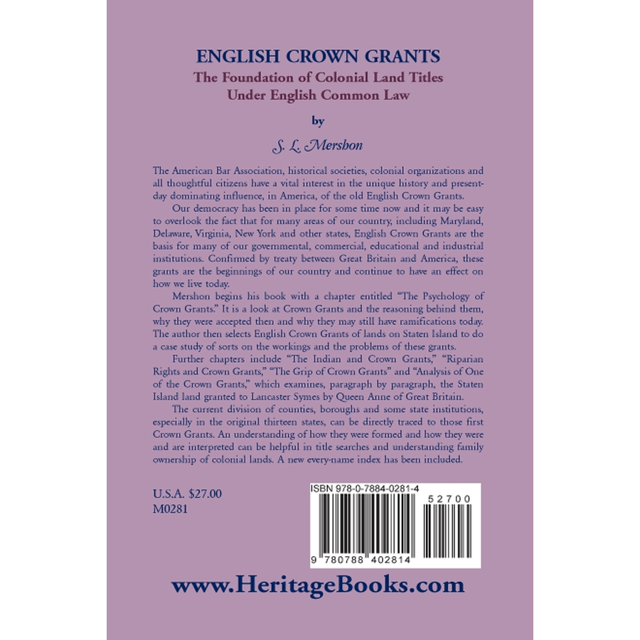 back cover of English Crown Grants