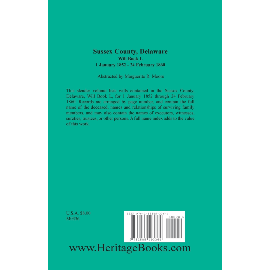 Sussex County, Delaware Wills, 1 January 1852-24 February 1860, Book L back cover