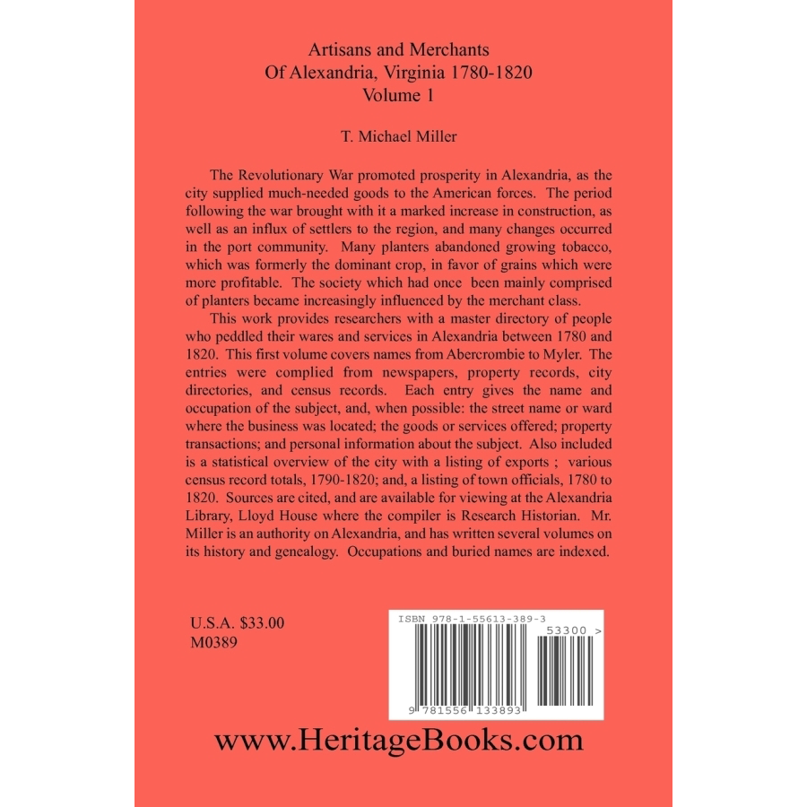 Artisans and Merchants of Alexandria, Virginia 1780-1820, Volume 1, Abercrombie to Myer back cover