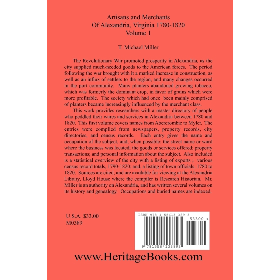 back cover of Artisans and Merchants of Alexandria, Virginia 1780-1820, Volume 1, Abercrombie to Myer