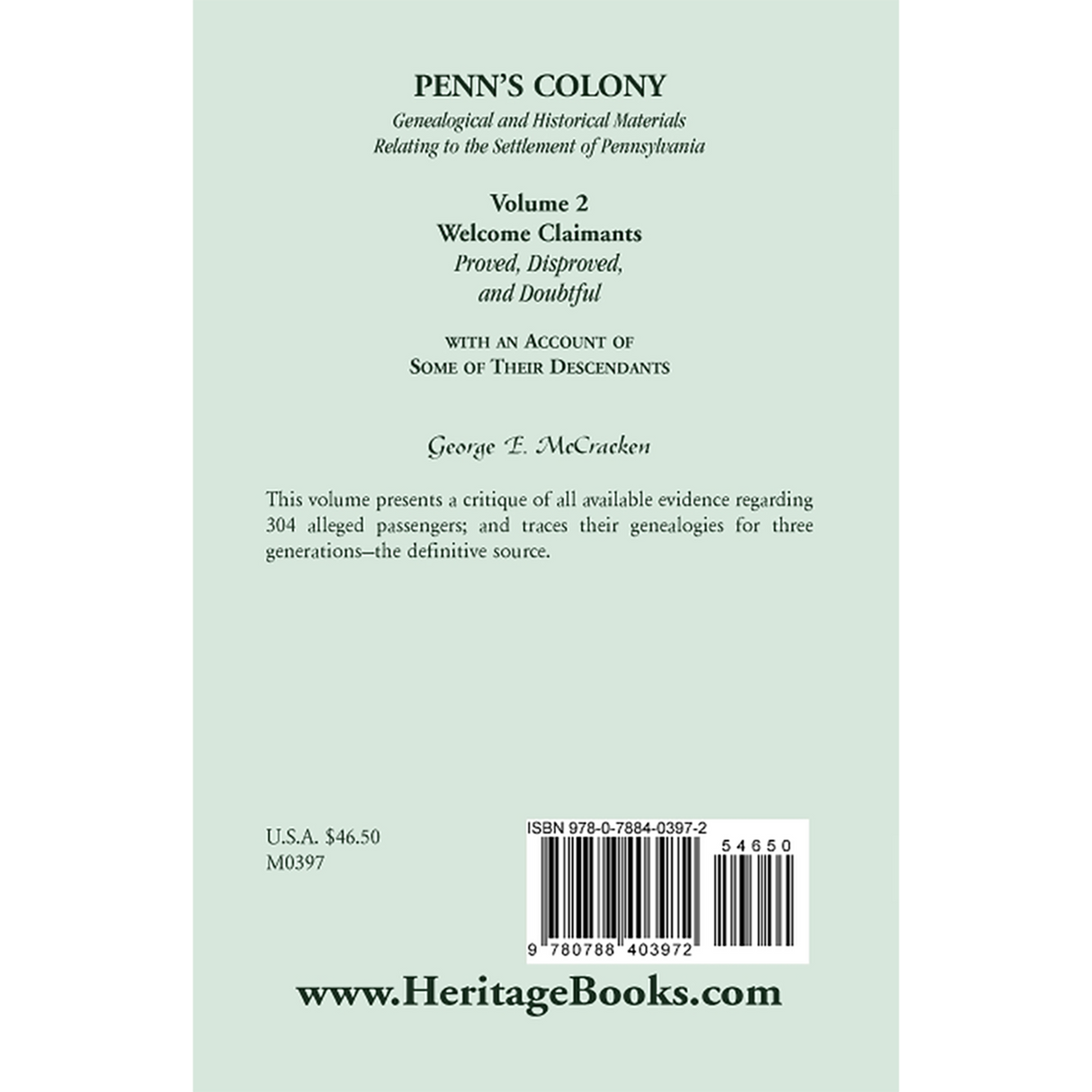 Penn's Colony, Genealogical and Historical Materials Relating to the Settlement of Pennsylvania, Volume 2: Welcome Claimants back cover