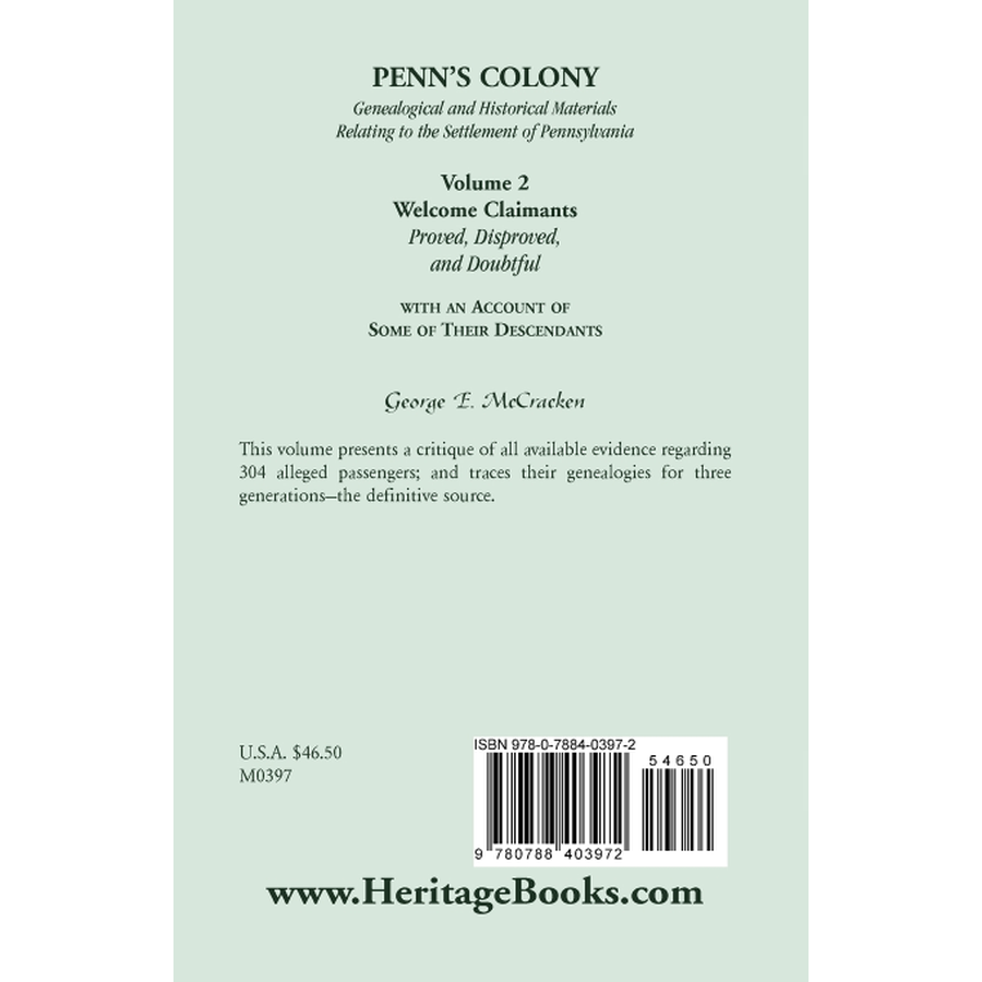 back cover of Penn's Colony, Genealogical and Historical Materials Relating to the Settlement of Pennsylvania, Volume 2: Welcome Claimants