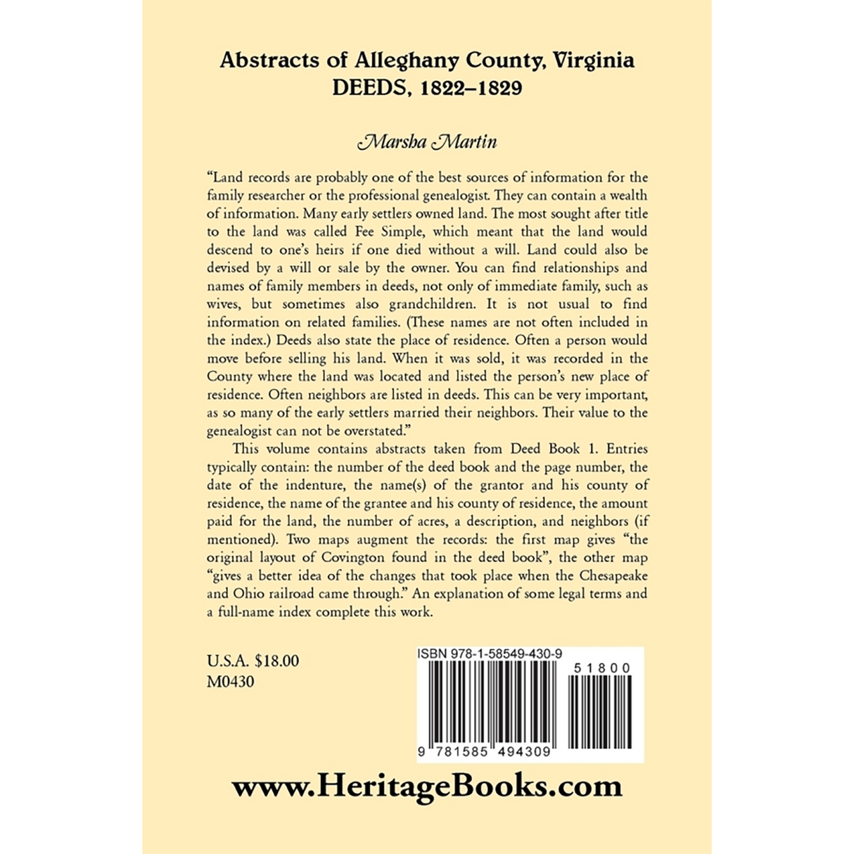 Abstracts of Alleghany County, Virginia, Deeds 1822-1829 back cover