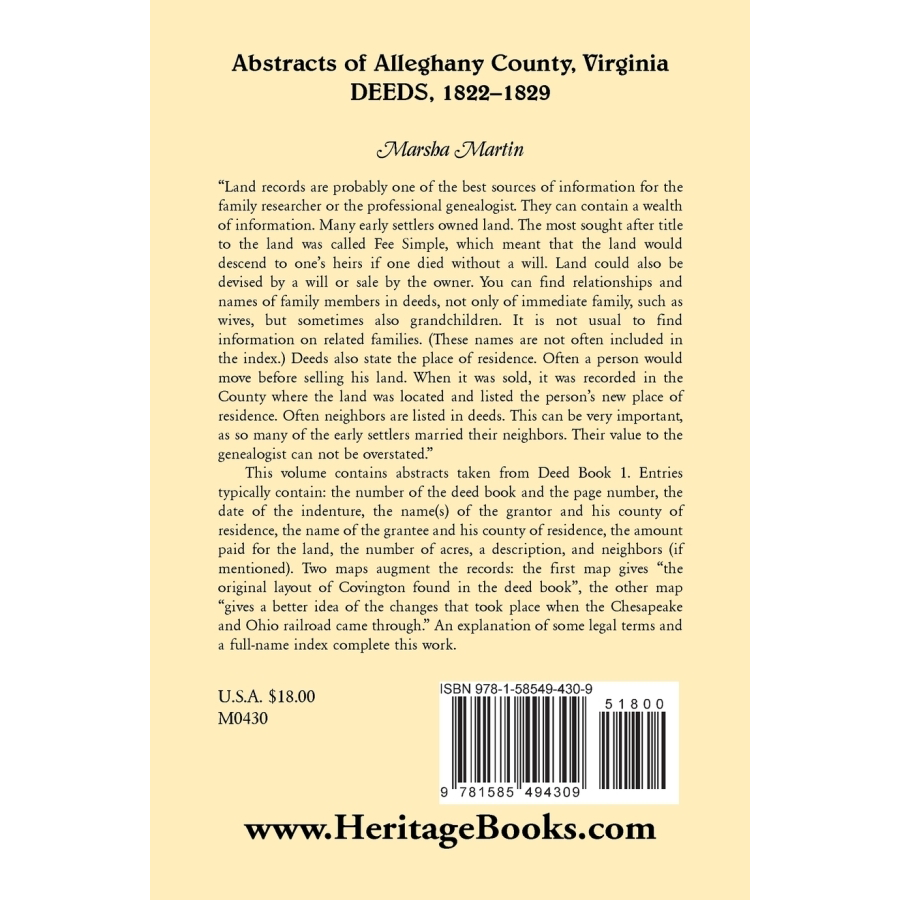 Abstracts of Alleghany County, Virginia, Deeds 1822-1829 back cover