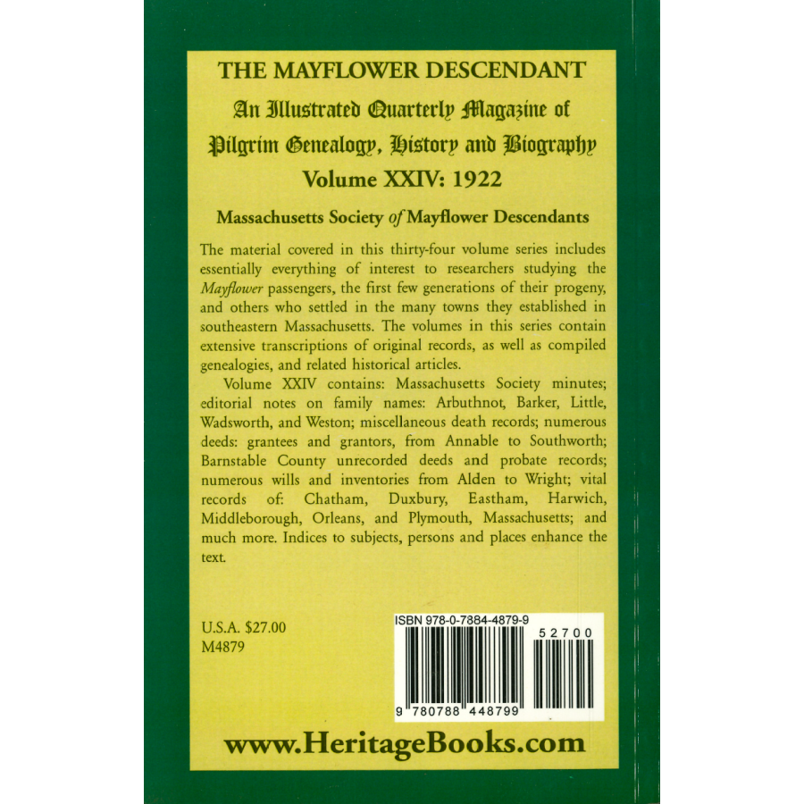 The Mayflower Descendant, Volume 24, 1922 back cover