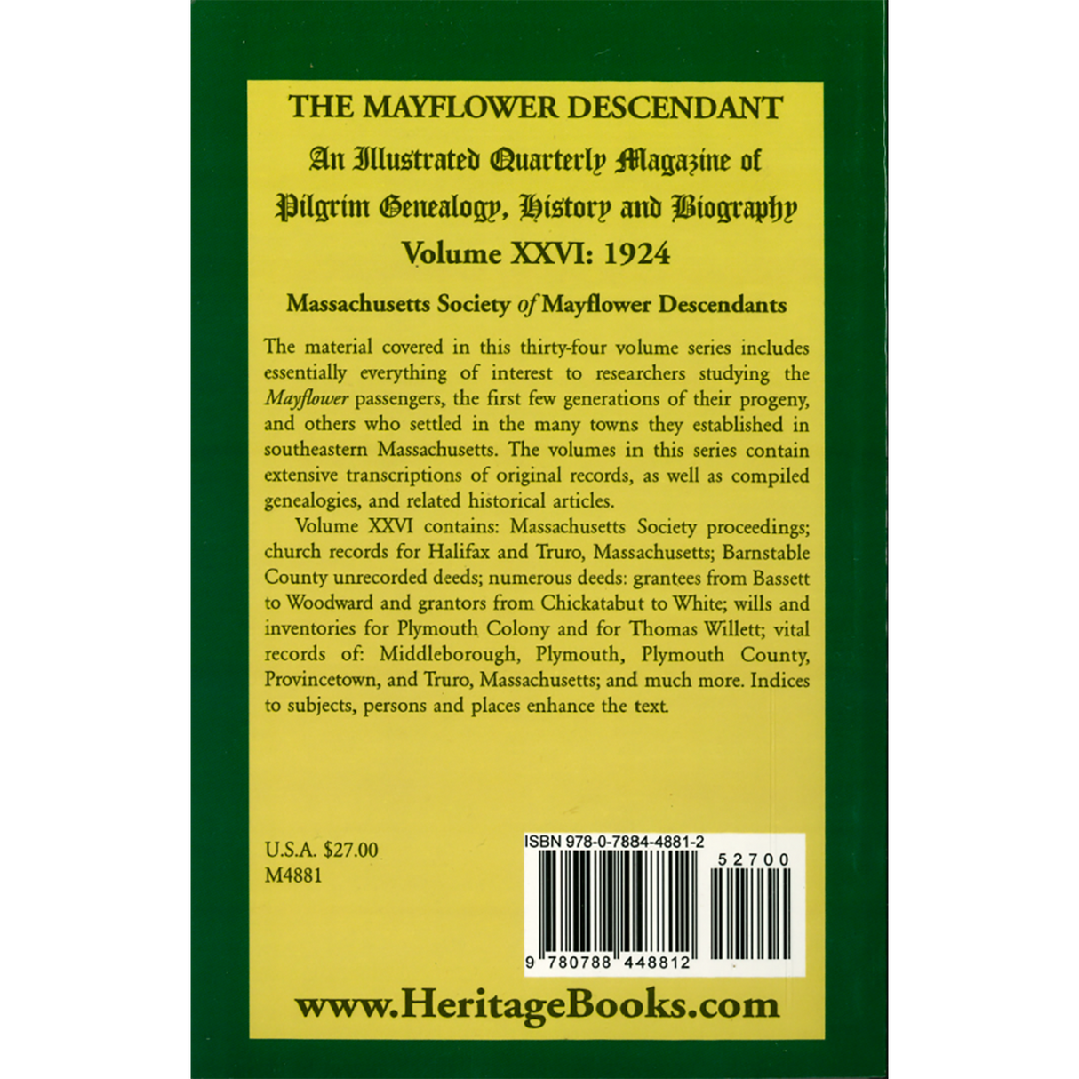 The Mayflower Descendant, Volume 26, 1924 back cover
