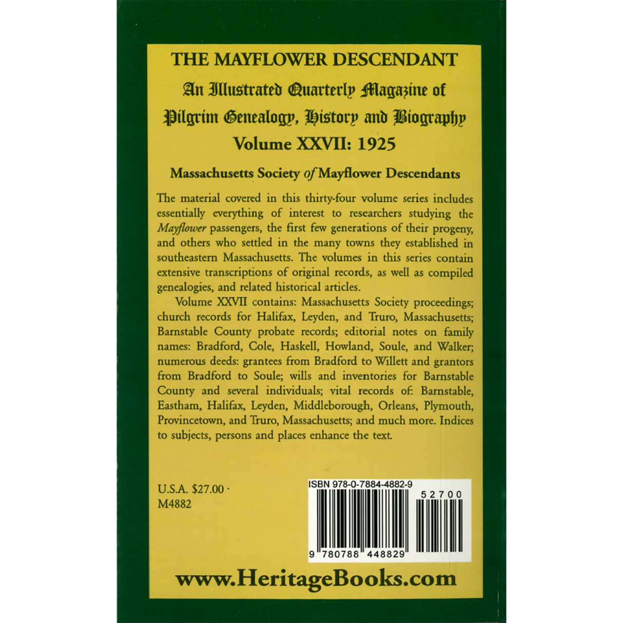 The Mayflower Descendant, Volume 27, 1925 back cover