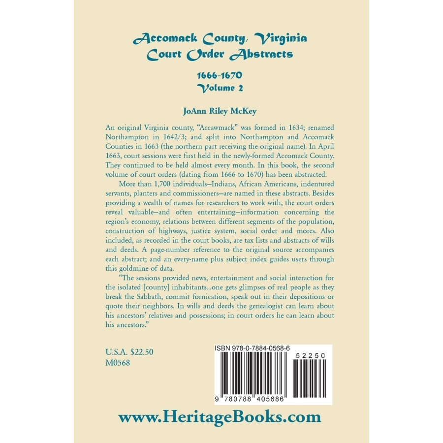 back cover of Accomack County, Virginia Court Order Abstracts, Volume 2: 1666-1670
