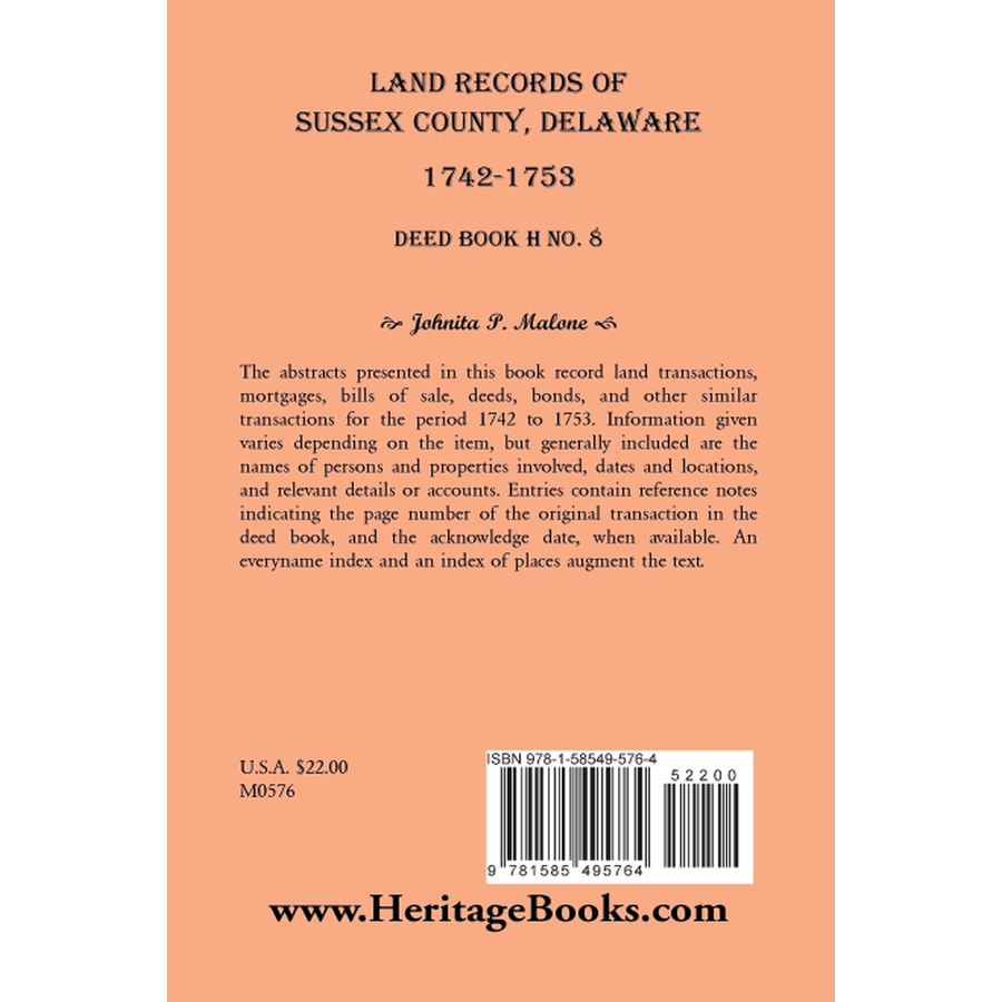 Land Records of Sussex County, Delaware, 1742-1753: Deed Book H No. 8 back cover