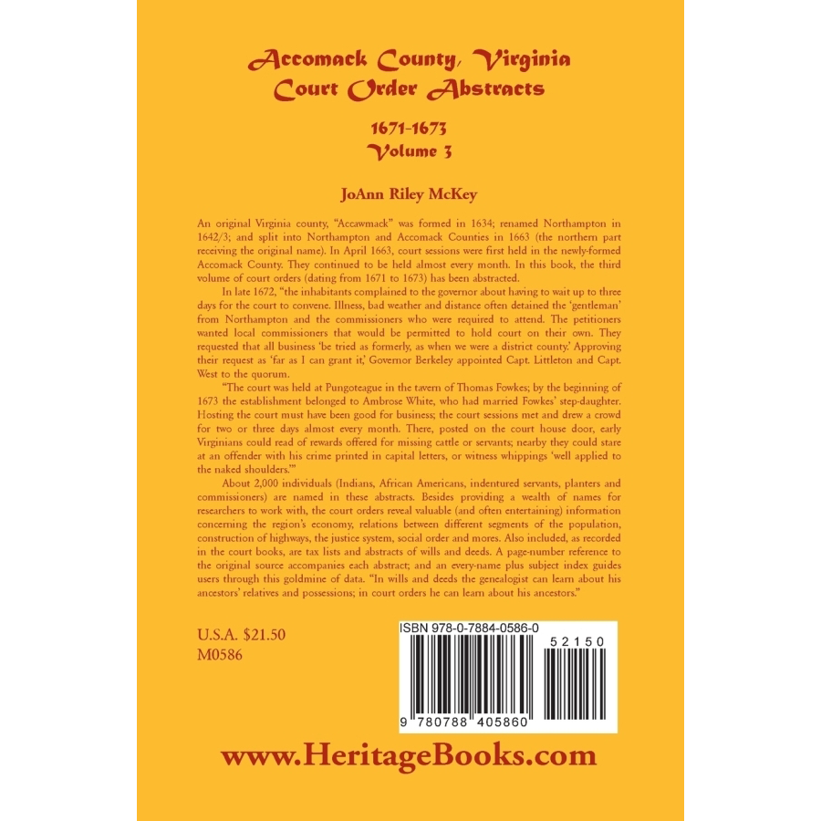 back cover of Accomack County, Virginia Court Order Abstracts, Volume 3: 1671-1673