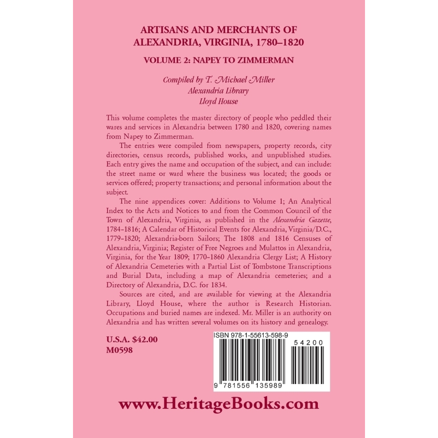 Artisans and Merchants of Alexandria, Virginia 1780-1820, Volume 2, Napey to Zimmerman back cover