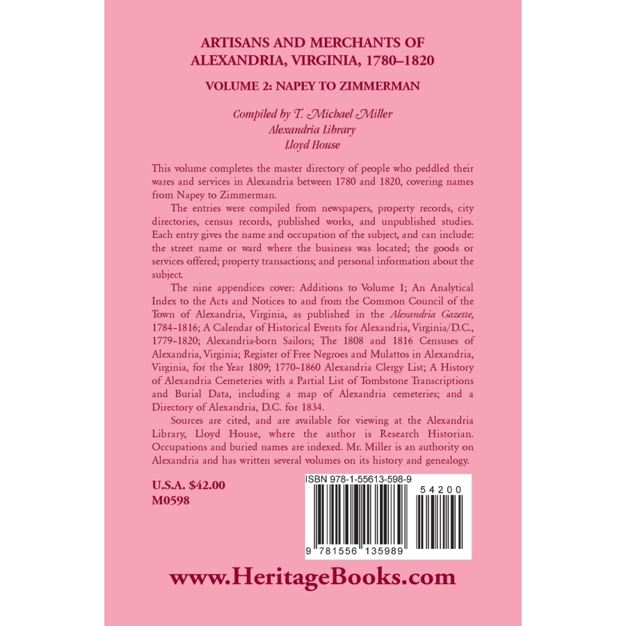 back cover of Artisans and Merchants of Alexandria, Virginia 1780-1820, Volume 2, Napey to Zimmerman