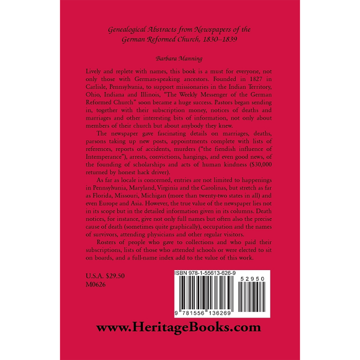 Genealogical Abstracts from Newspapers of the German Reformed Church, 1830-1839 back cover