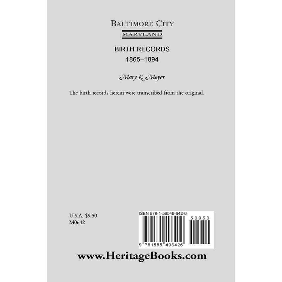 back cover of Baltimore City, Maryland Birth Records, 1865-1894